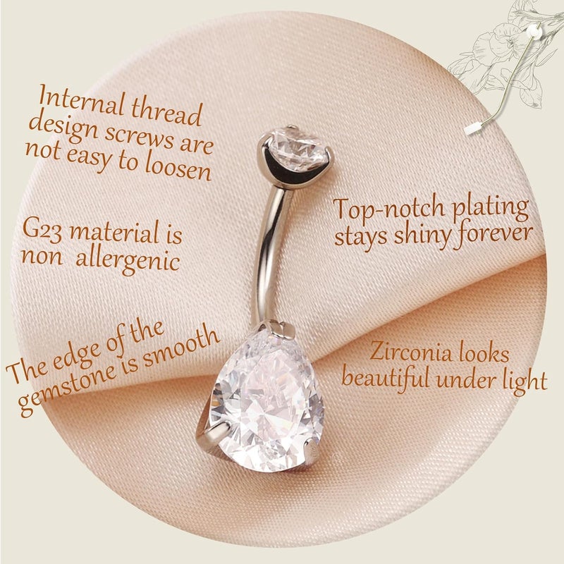 AROWRO Store Gold Belly Button Ring G23 Titanium Hypoallergenic 14G belly ring for Women Men Teardrop Navel Piercing Jewelry 10mm Barbell With Cubic Zircon - Image 2